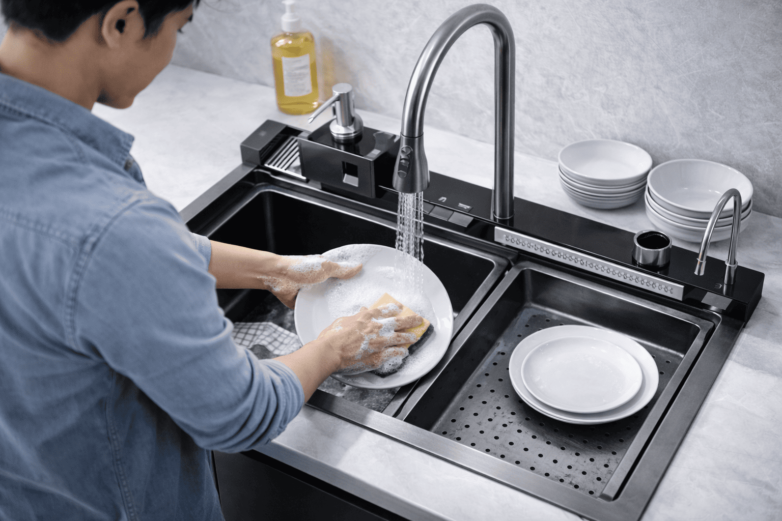 Person washing dishes in a modern kitchen sink with a faucet and soap dispenser.
