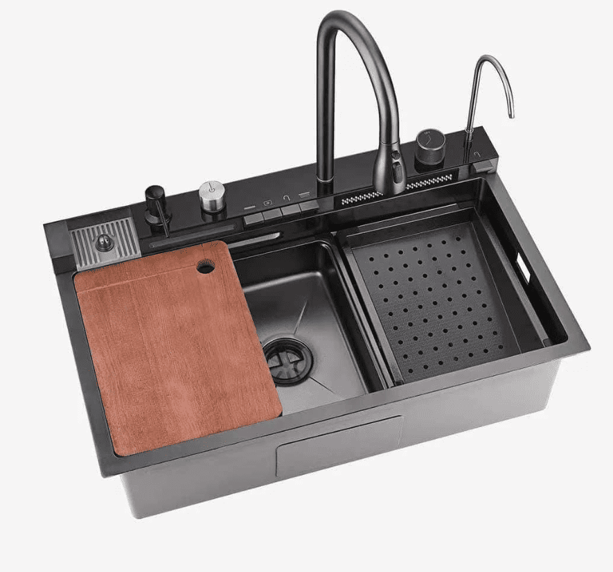 Modern kitchen sink with faucet, cutting board, and drainboard on a white background