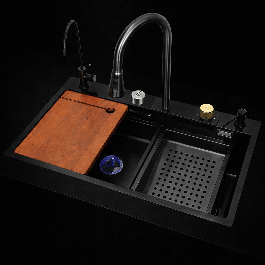 Black kitchen sink with wooden cutting board and metallic faucet on a black background
