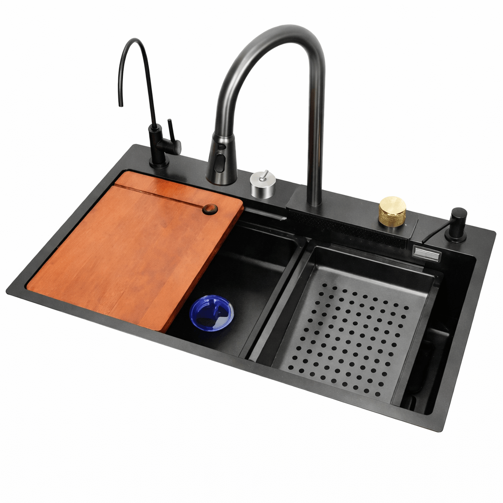 Black kitchen sink with wooden cutting board, blue bowl, and perforated grid on a white background