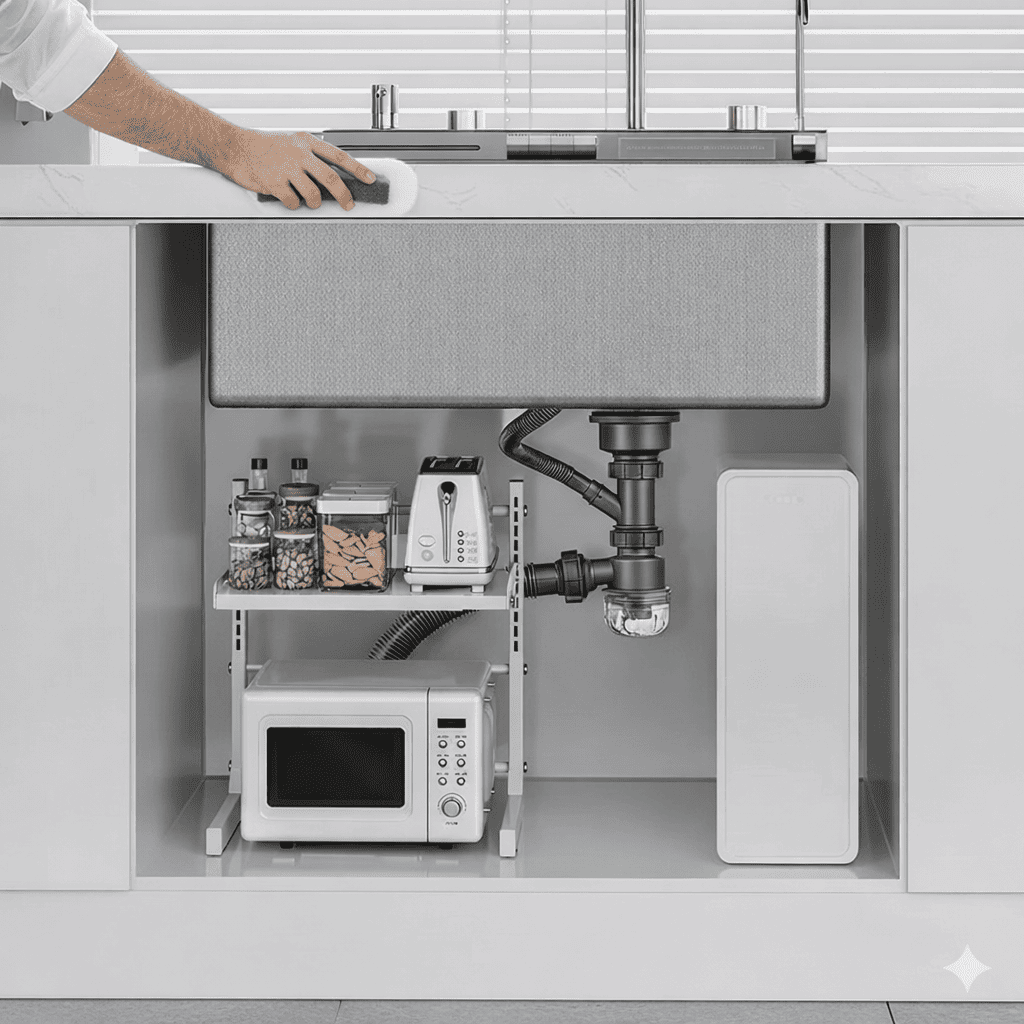 Under-sink kitchen storage with a microwave, coffee maker, and other items in a modern kitchen.