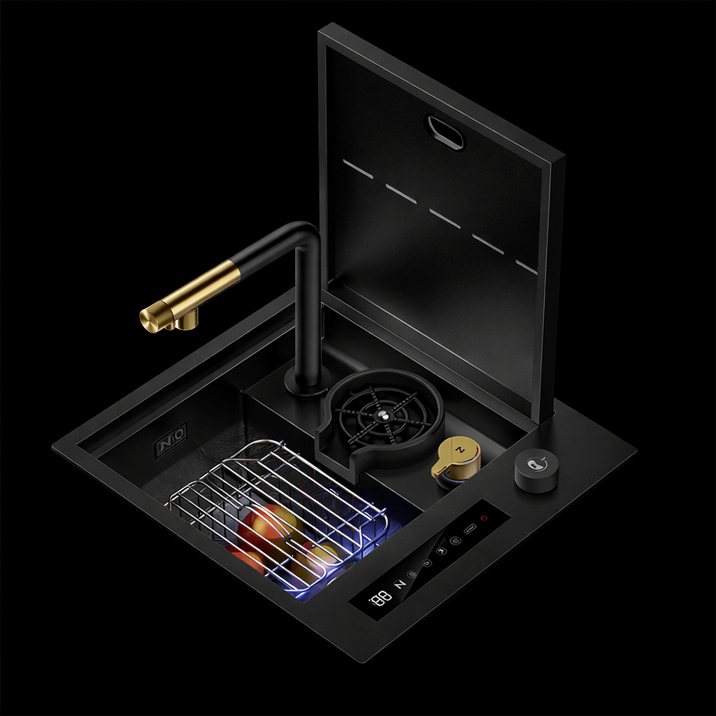 Modern kitchen sink with black faucet and gold handle on a black background