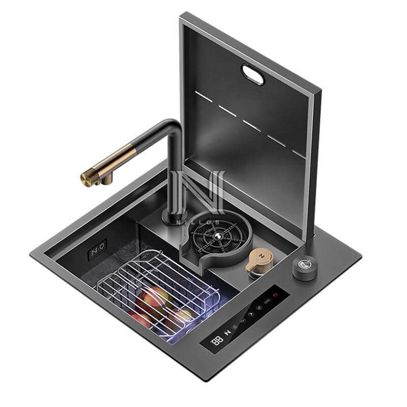 Modern kitchen sink with faucet and digital display on a white background