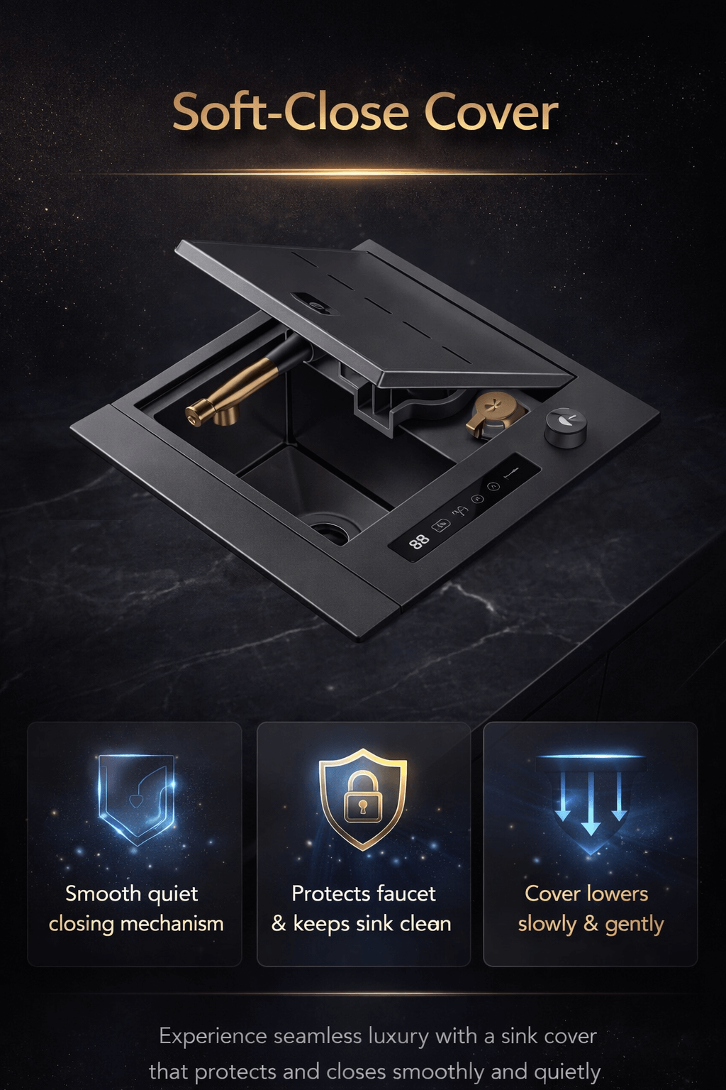 Sink cover with soft-close mechanism on a dark background