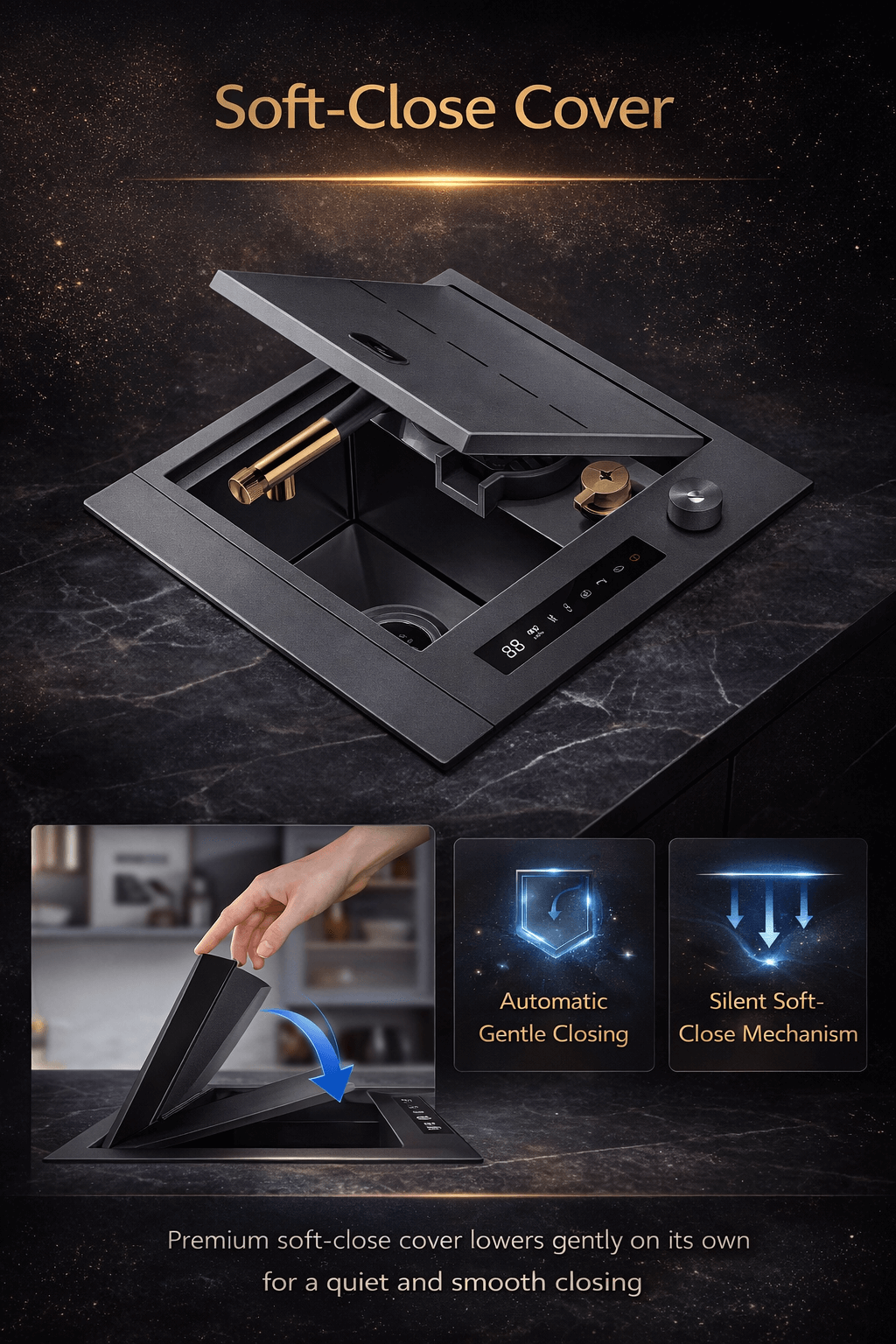 Soft-close cover mechanism with text and icons on a dark background