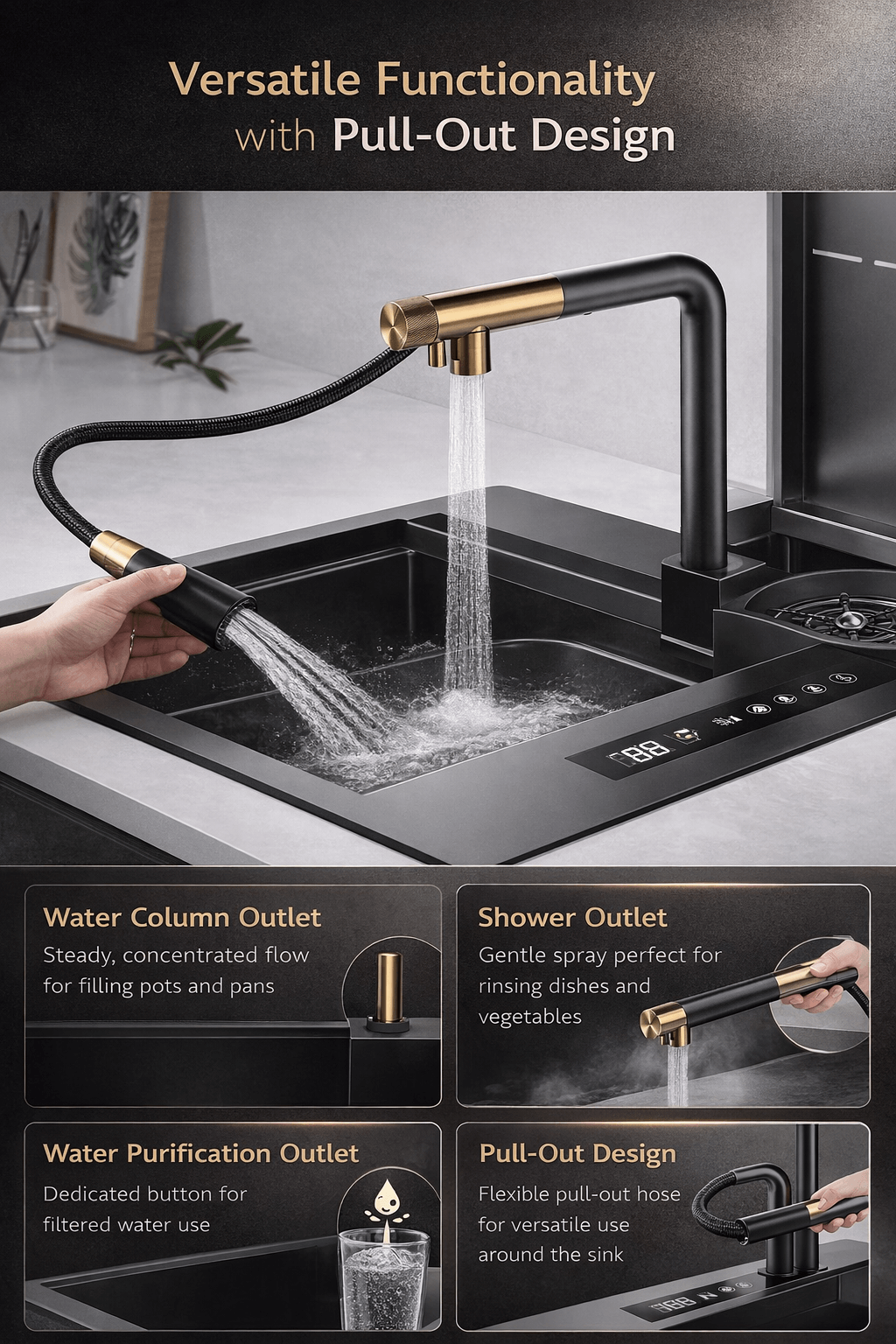 Modern kitchen faucet with pull-out design and various outlets on a sink.