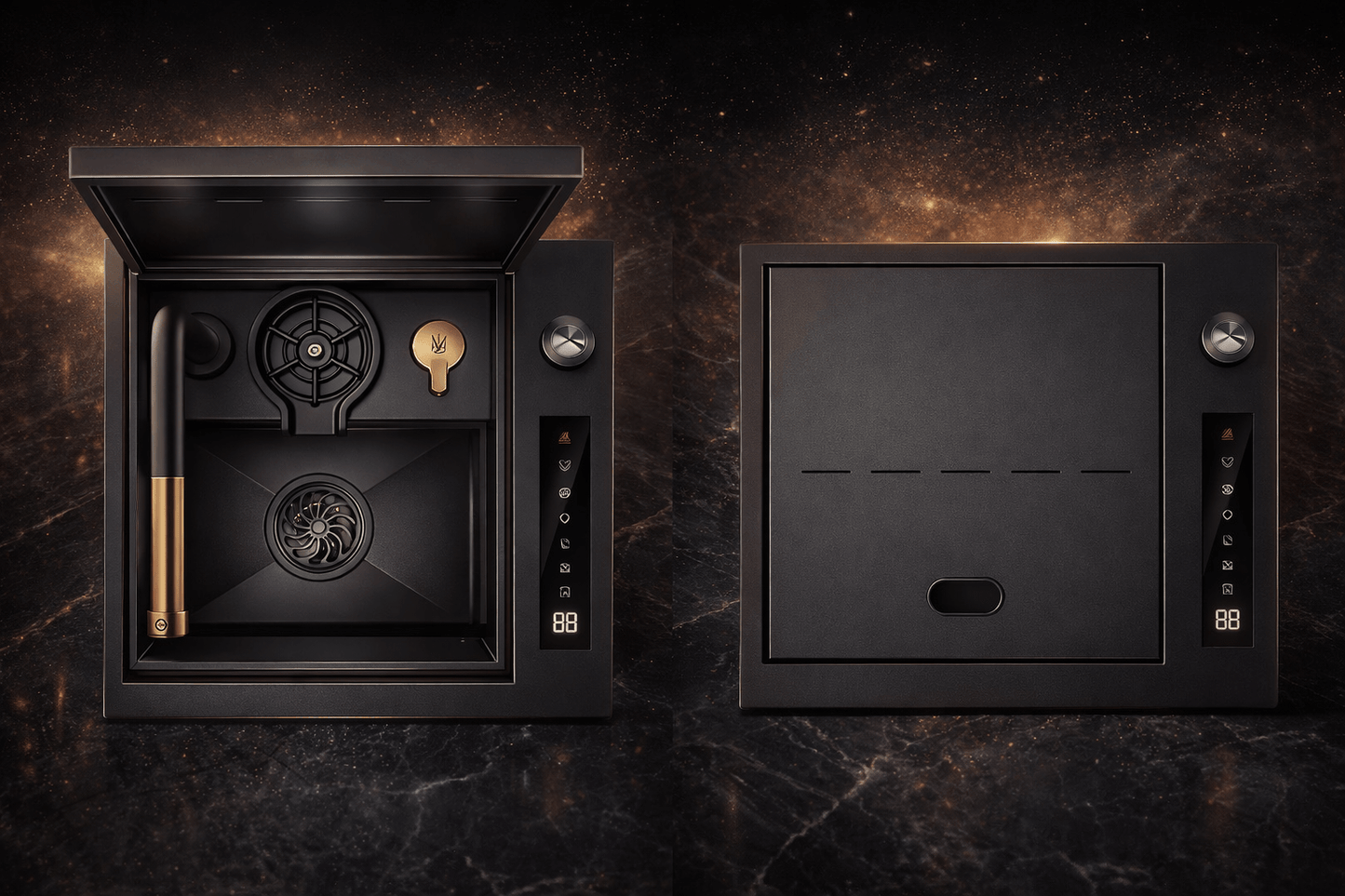 Black electronic device with open and closed compartments on a dark background
