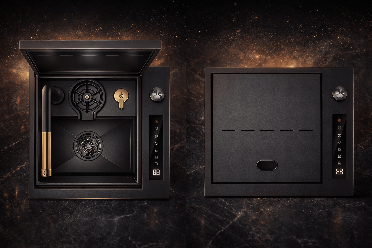 Black electronic device with open and closed compartments on a dark background