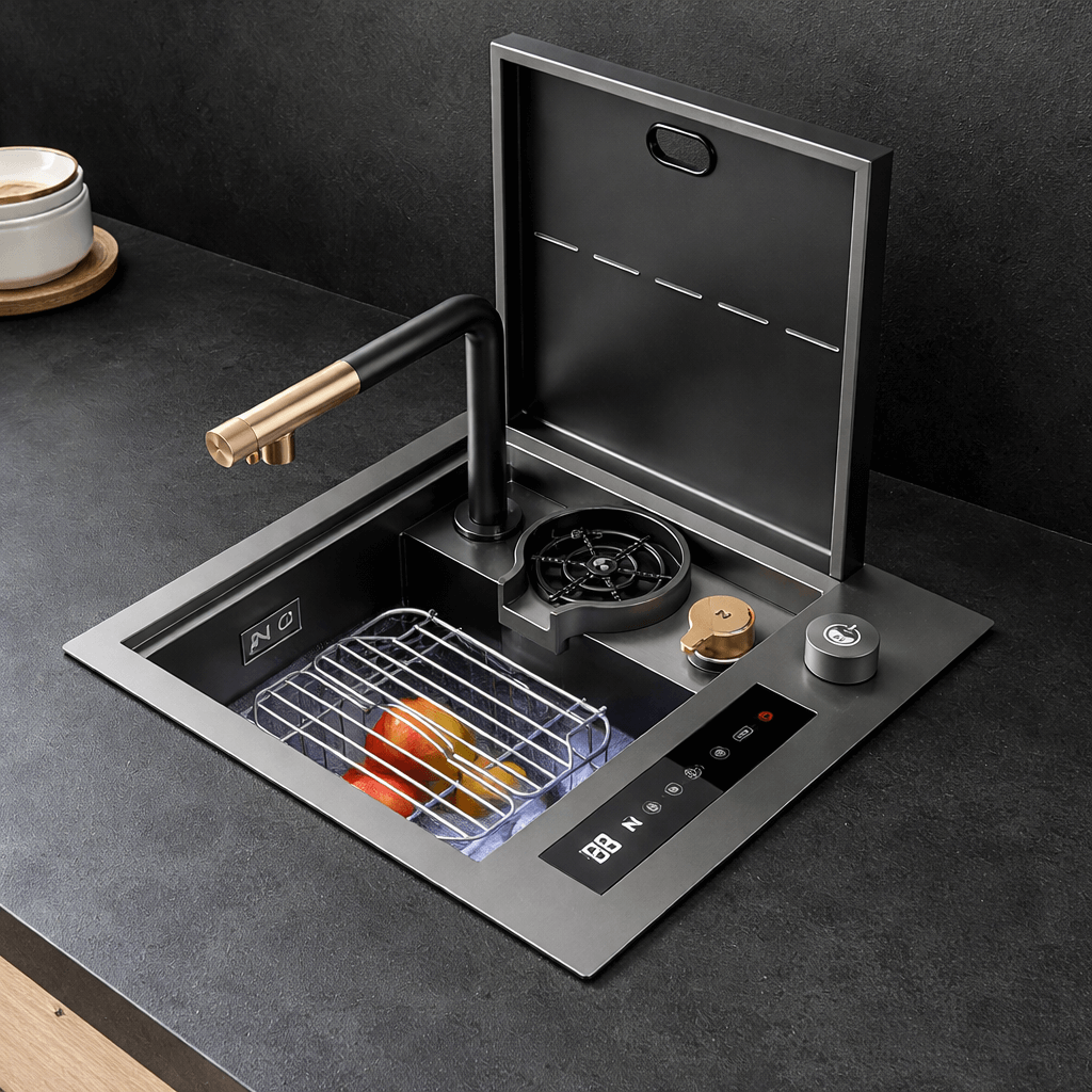 Modern kitchen sink with faucet and countertop