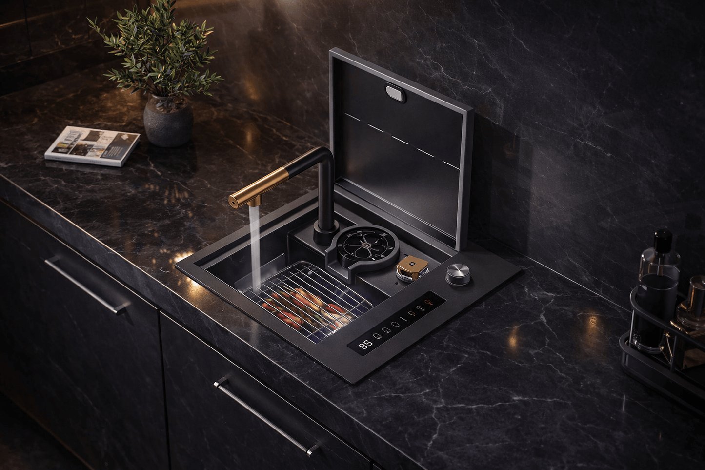 Modern kitchen sink with running water on a dark countertop