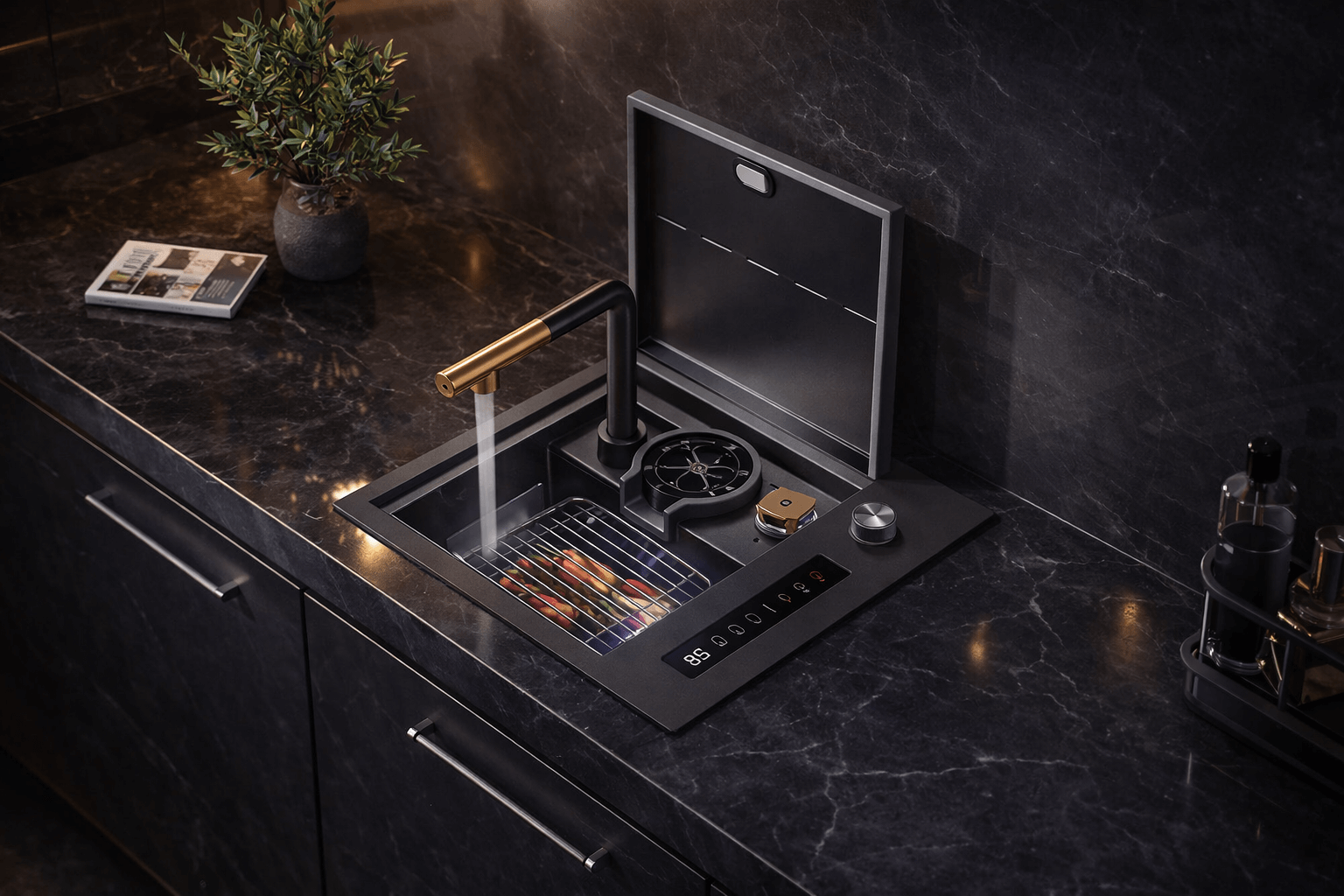 Modern kitchen sink with running water on a dark countertop