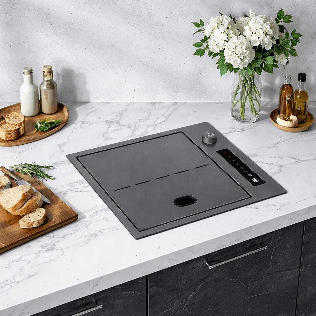 Black induction cooktop on a kitchen counter with white marble backsplash