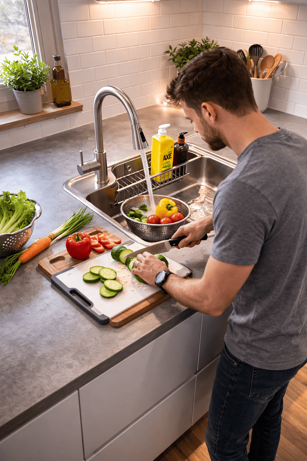 Man preparing vegetables in a kitchen with a sink and countertop.